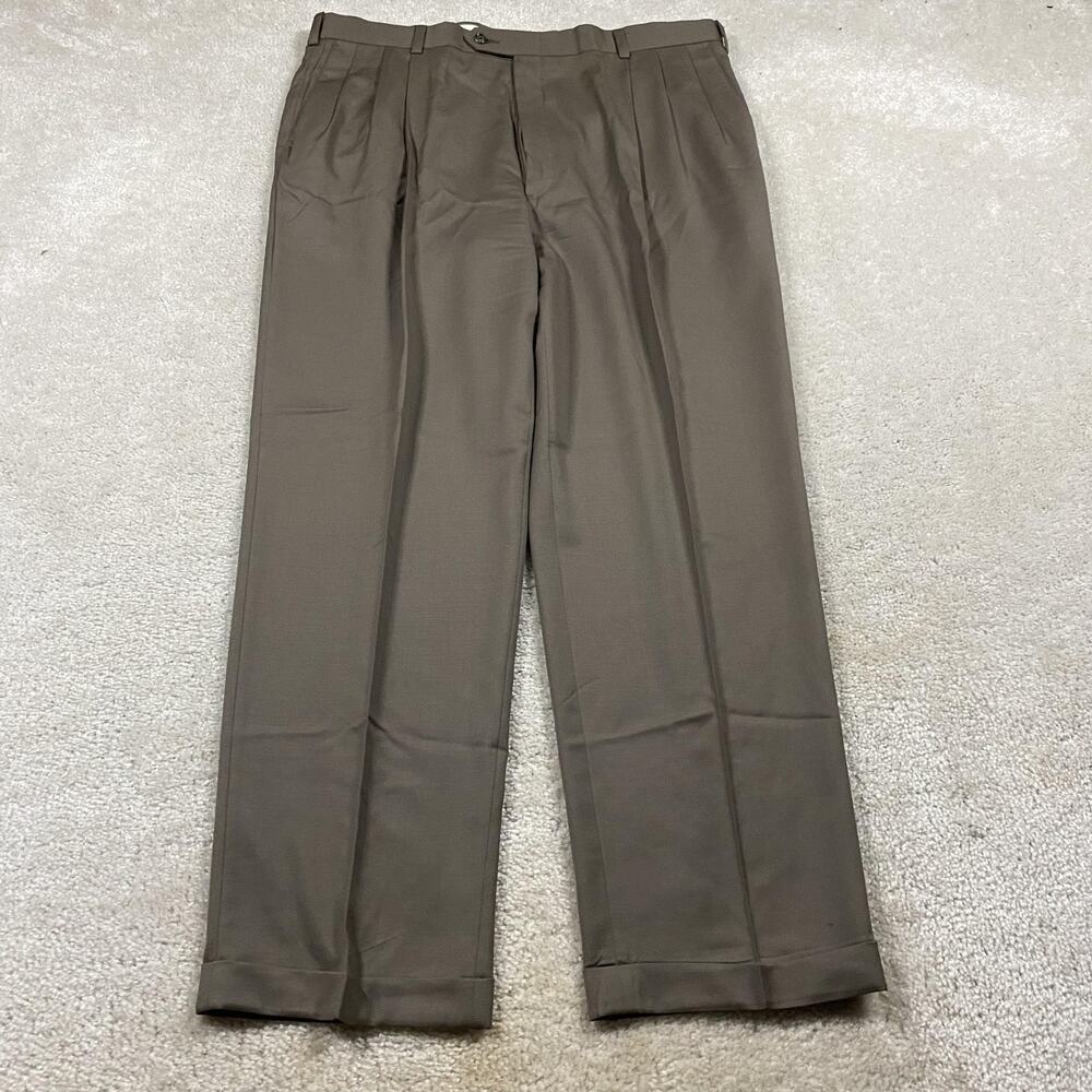 Hart Schaffner Marx Pants Mens 40x32 Brown Wool Super 100s Pleated Dress Cuffed